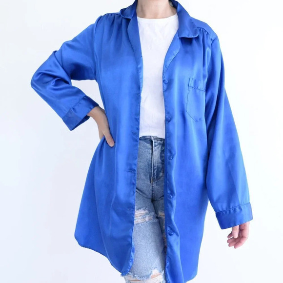 Vintage Dominque Royal Blue Silky-Like Button  Down Nightgown LG - Picture 1 of 14